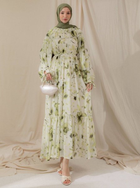 فستان شيفون مورد اخضر نعناعي (مبطن)