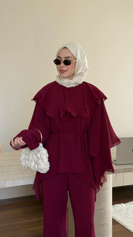 طقم شيفون بنطلون مع حزام
