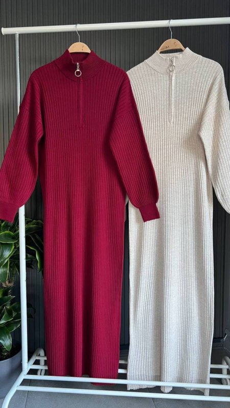 فستان صوف محزز بسحاب