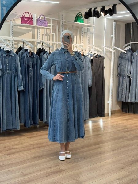 فستان جينز أزرار مع قشاط